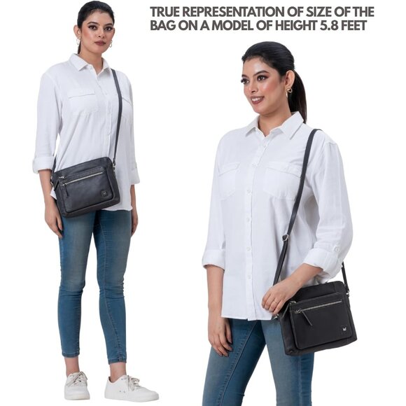 Women Dark Grey Imported Leather Polyester Crossbody Shoulder Crossover Bag - Picture 2 of 6